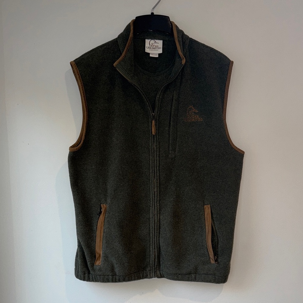 Vintage Ducks Unlimited Men’s Olive Green Preppy Fleece Vest Zip Pockets